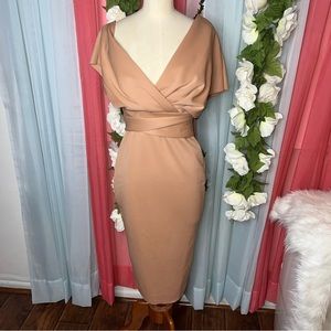 ASOS DESIGN Fallen Shoulder Midi Pencil Dress with Tie Detail